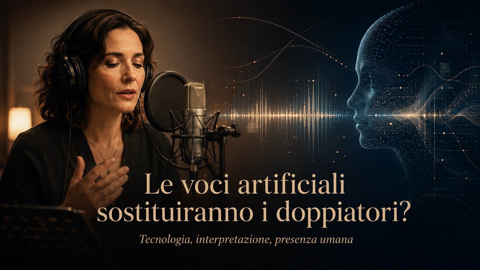 Doppiatrice al microfono accanto a una voce artificiale, immagine sull'intelligenza artificiale nel doppiaggio